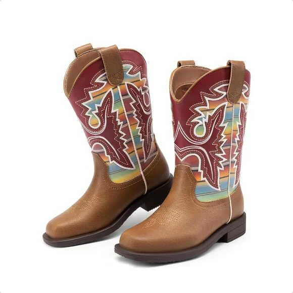 ⚡Girls Brown Multi Cowboy Boots Toddler Mid Calf Western Square Toe Riding Boot